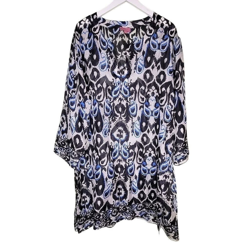 Tangibles Silk Tunic Top Blue Black Print Split Neck Sheer‎ Art Long M